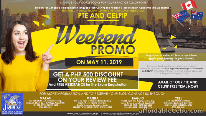 1st picture of JROOZ CELPIP & PTE ACADEMIC WEEKEND PROMO May 11, 2019 Offer in Cebu, Philippines