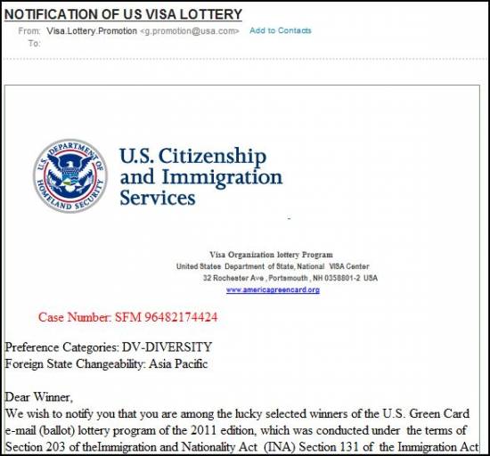 Picture of USCIS (US Citizenship and Immigration Services) Email Scam