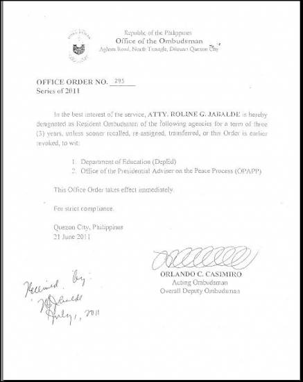 Picture of Roline G. Jabalde, designated as Resident Ombudsman of DepEd