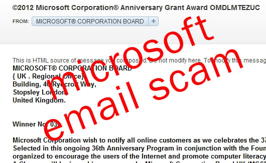 Picture of 2012 Microsoft Corporation Anniversary Grant Award Email Scam