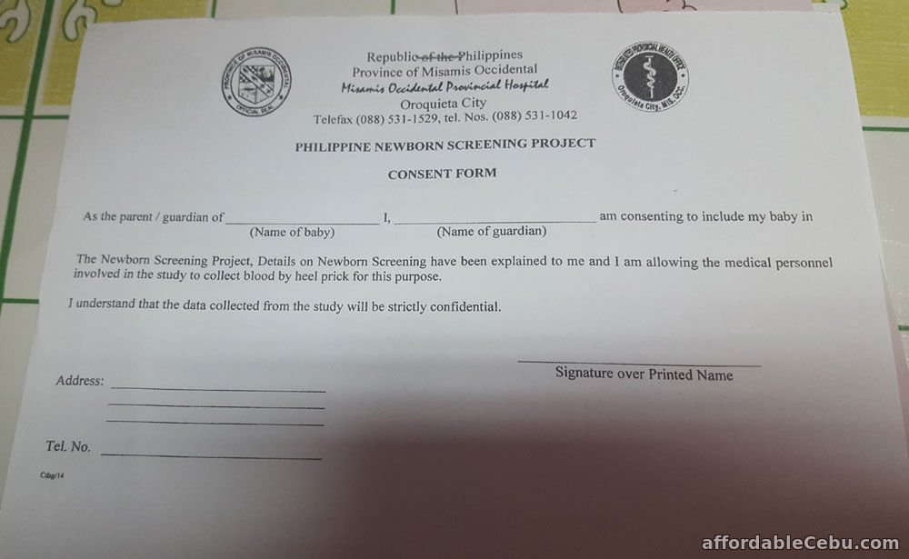 Philippine Newborn Screening Project Consent Form 