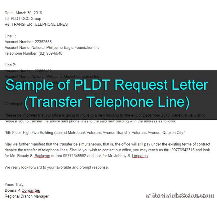 Sample of PLDT Request Letter (Transfer Telephone Line) - Business 30676