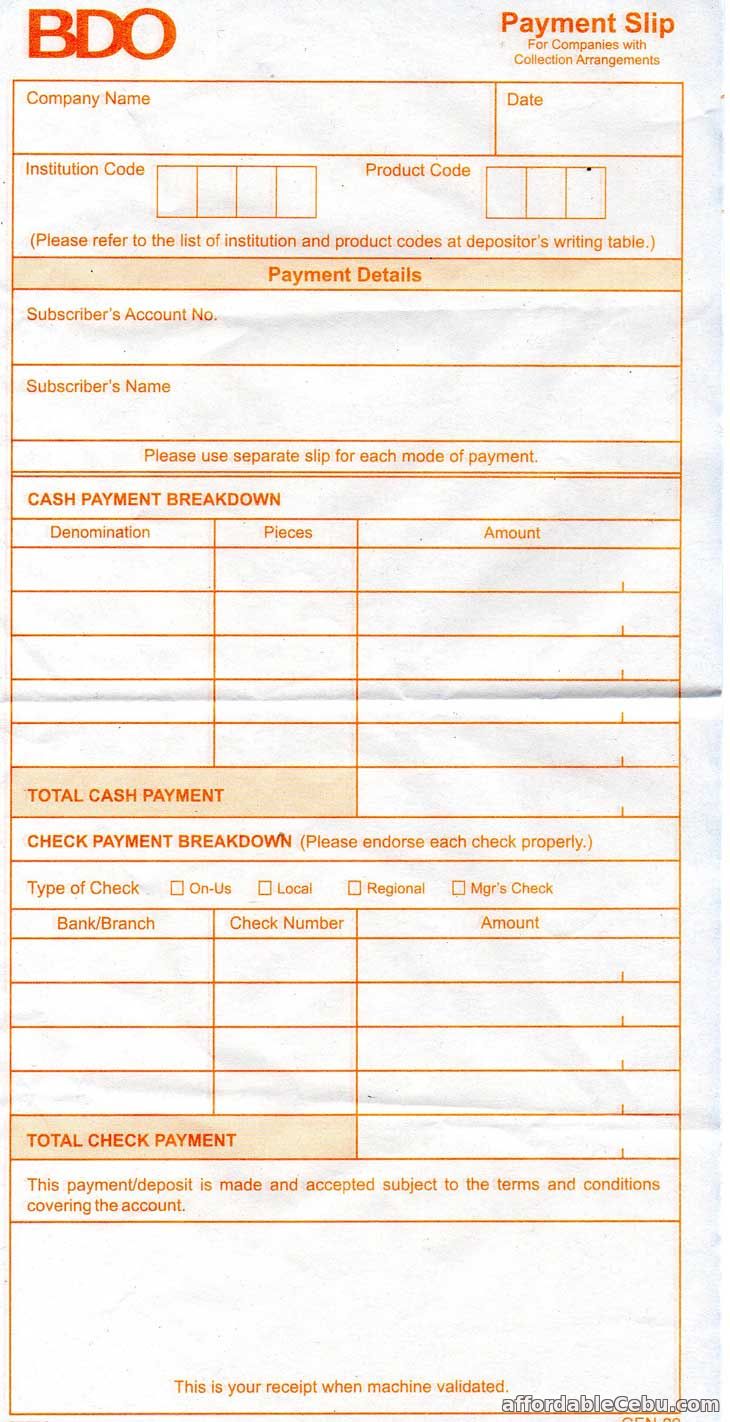 BDO Payment Slip (Sample) - Banking 30759