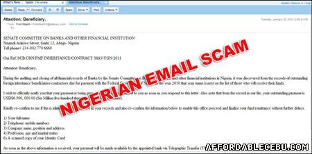 Picture of Nigerian Email Scam From a Person Using the Name of Dr. Fred Mbah with An Email fredmbah01@ahlawy.com
