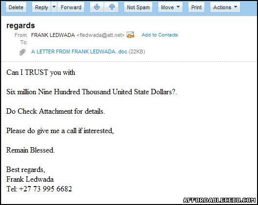 Picture of Email Scam from a Person Using the Name Frank Ledwada and an Email Address fledwada@att.net