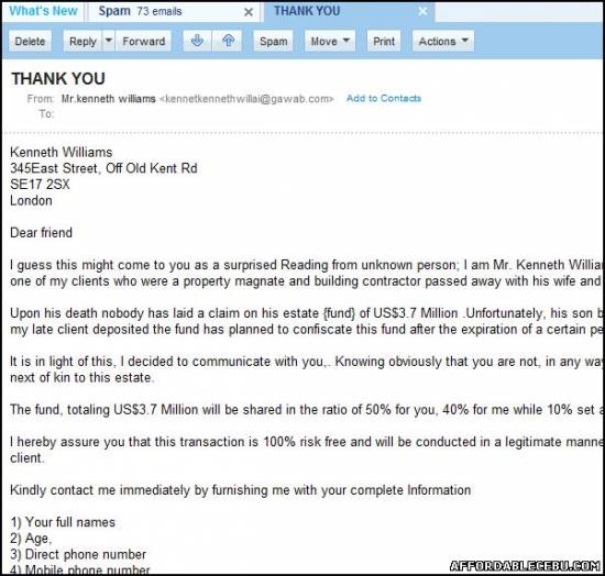 Picture of Email Scam of the Person Using the Name Kenneth Williams with an Email Address kennetkennethwillai@gawab.com