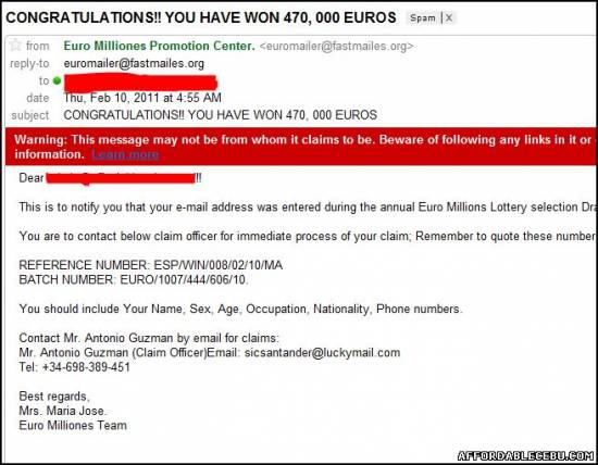 Picture of Email Scam from a Person Using the Name of Maria Jose with an Email Address euromailer@fastmailes.org