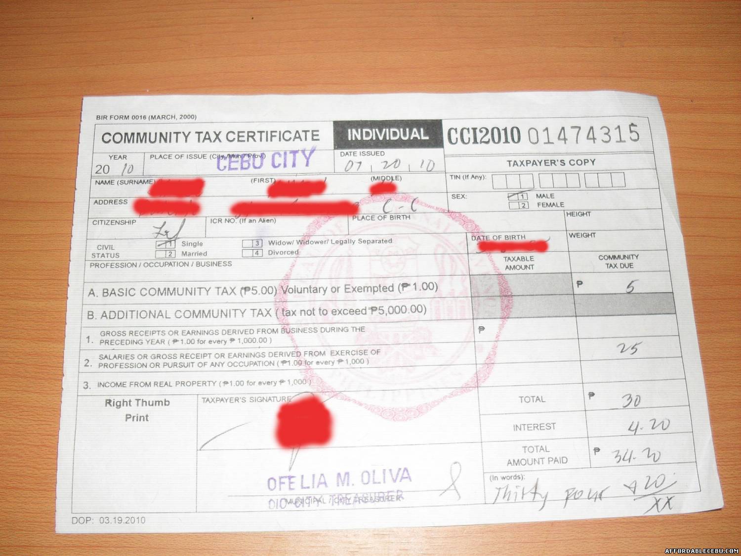 CEDULA (Community Tax Certificate or CTC)