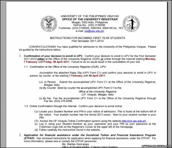 Picture of Enrollment and Admission Instructions for First Year Students (Freshman) in the University of the Philippines Visayas (UPV)