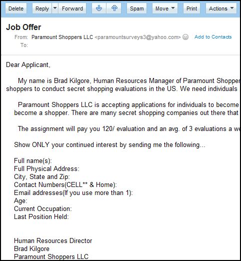 Picture of Mysterious Email from Human Resources Manager of Paramount Shoppers LLC