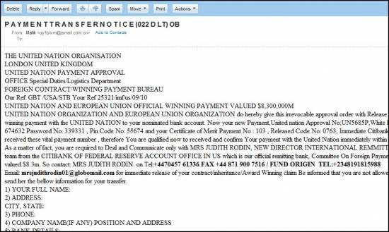 Picture of Email Scam from a Person Using the Name MRS JUDITH RODIN with an Email Address qyfqwm@jsmail.com.cn