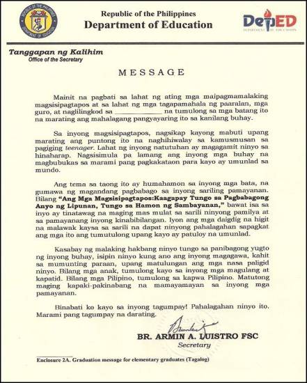 Picture of DepEd Secretary Armin Luistro Graduation Message for 2011 High School and Elementary Graduates