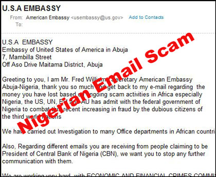Picture of Beware of Nigerian Email Scam from Fred Williams | Email address: usembassy@us.gov