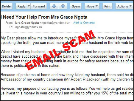 Picture of Mysterious email from Mrs Grace Ngota with an email address, grace1ngota@yandex.ru