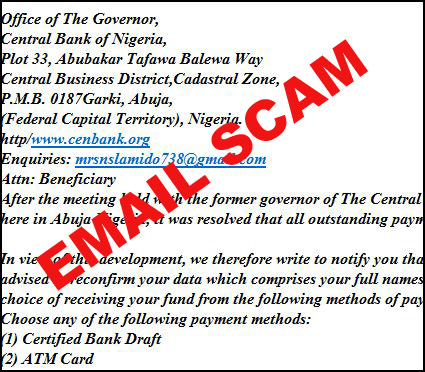 Picture of Beware email scam from a person using the name Sanusi Lamido Sanusi with email address mrsnslamido738@gmail.com
