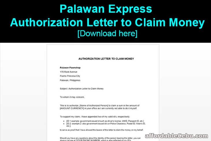 Palawan Express Pawnshop Authorization Letter to Claim Money