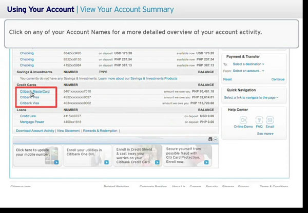 Account Summary of Citibank Online Banking
