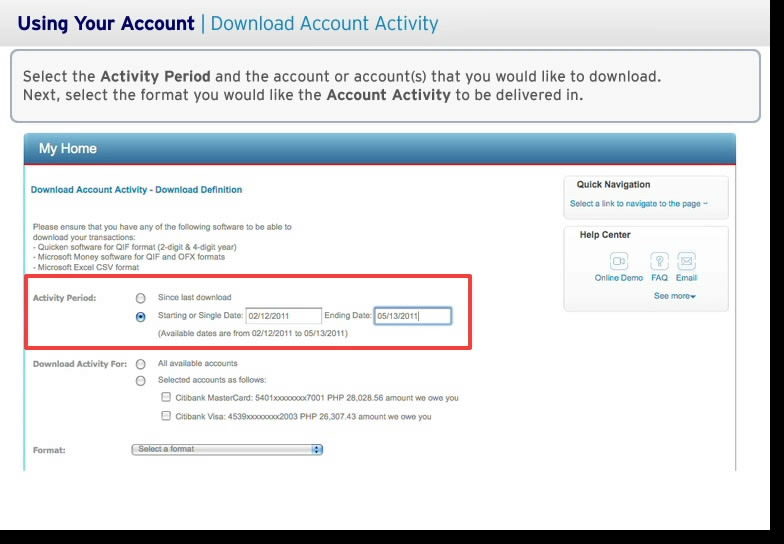 Acitivity Period and Account to Download in Citibank online banking