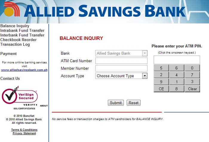 Allied Savings Bank Online ATM Banking Interface