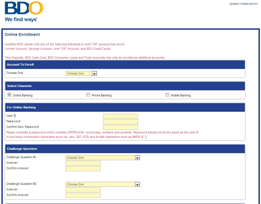 BDO new online banking enrolment form