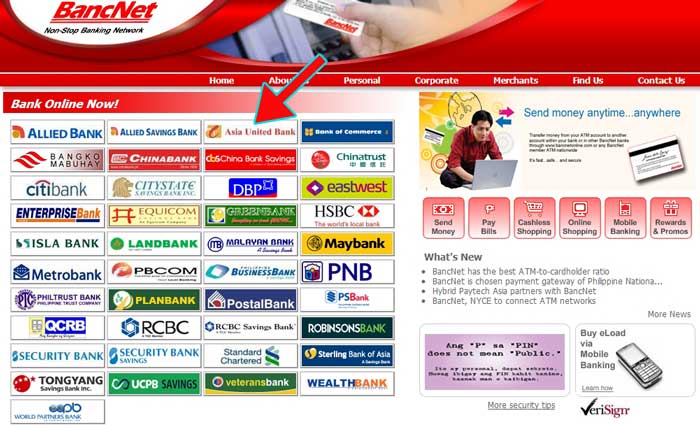 Bancnet website with Asia United Bank