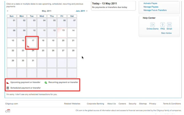 Citibang online banking calendar view