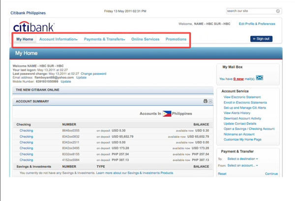 Citibank online banking menu options