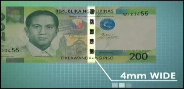 4mm stitch-like metallic security thread in 200 peso bill