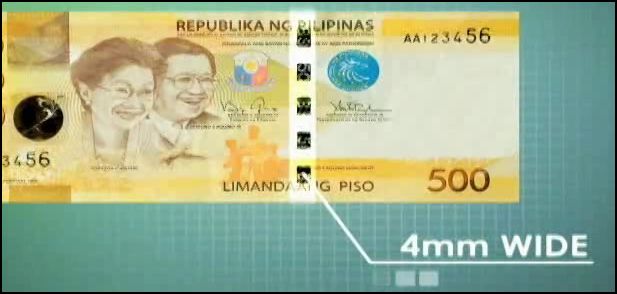4mm metallic stitch-like security thread of 500 peso bill