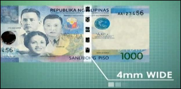 4mm metallic stitch-like security thread of 1000 peso bill