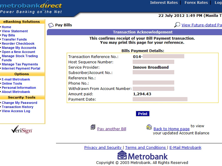 Metrobank online banking transaction acknowledgement