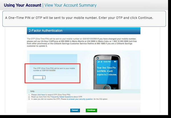 OTP One Time PIN of Citibank Online Banking