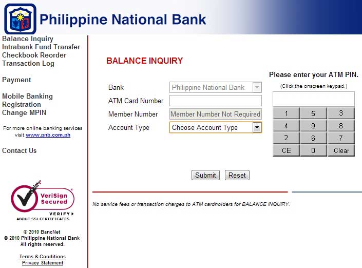 PNB Online ATM Banking Interface