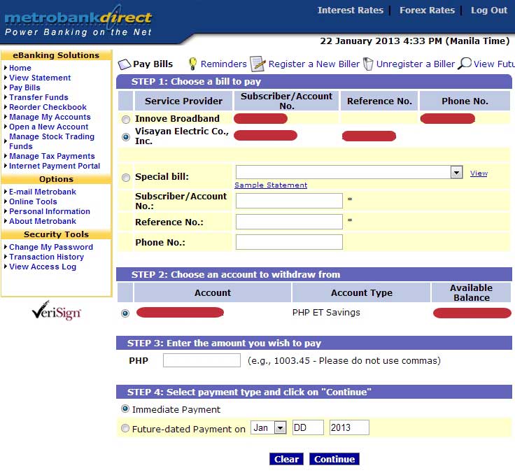 Pay VECO bill through Metrobank Online Banking