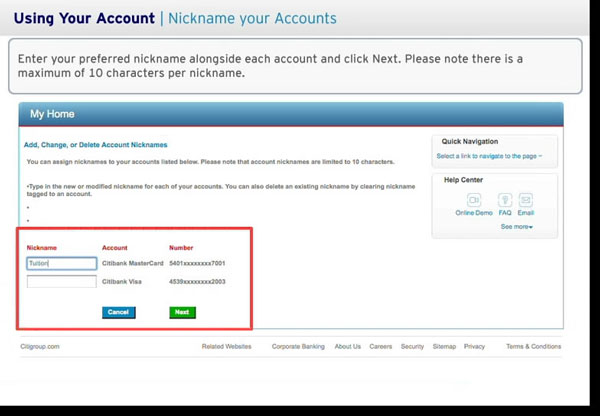 Enter your preferred nickname of your citibank account