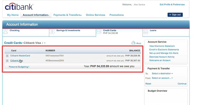 Credit limit details of you Citibank online account