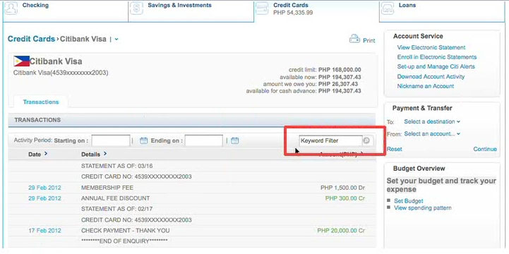 Customize transactions display in Citibank online