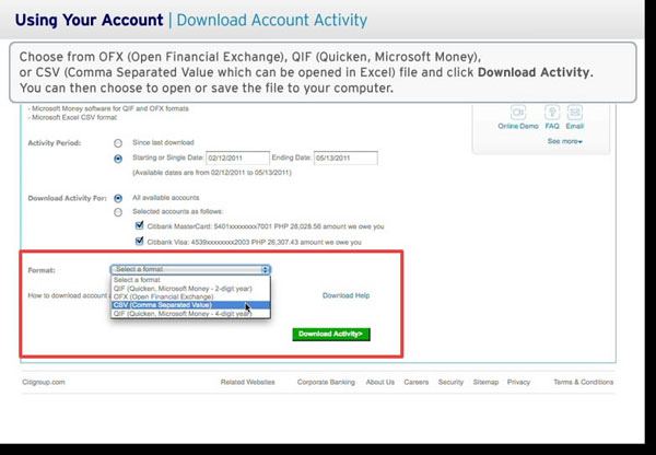 Choose File Format of Your Account Transactions in Citibank Online Banking