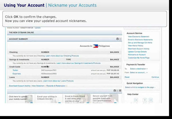 Updated account nickname in citibank online banking
