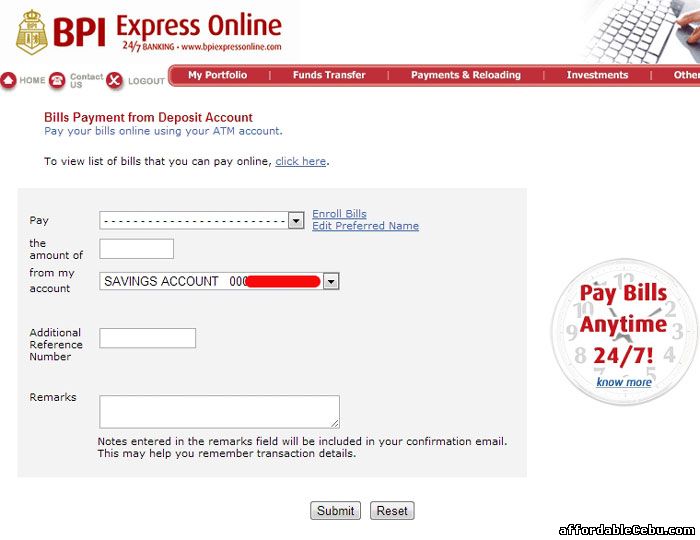 BPI bills payment form for VECO