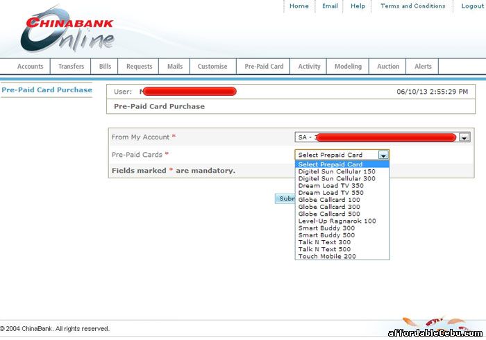 Buy cellphone load through China Bank online banking