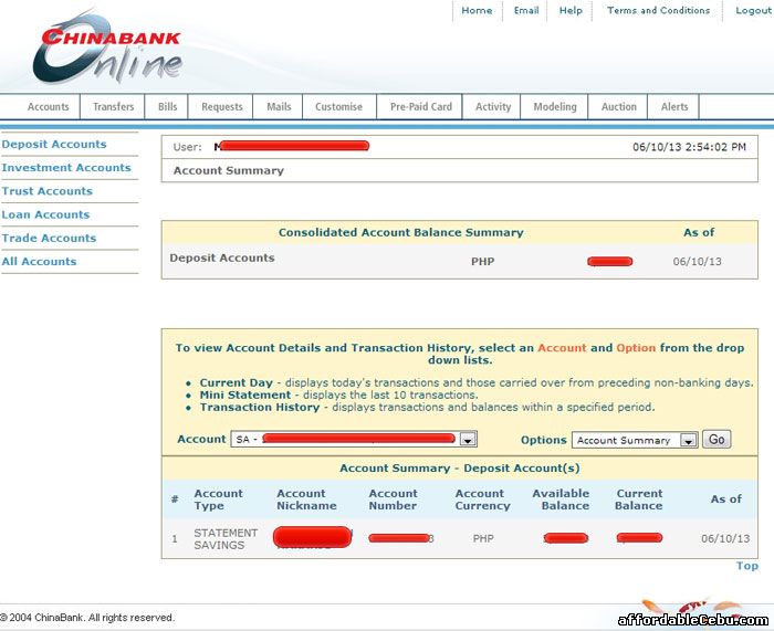 Inside China Bank online banking website