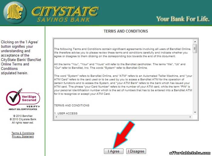 Citystate Savings Bank Online Terms and Conditions with Bancnet