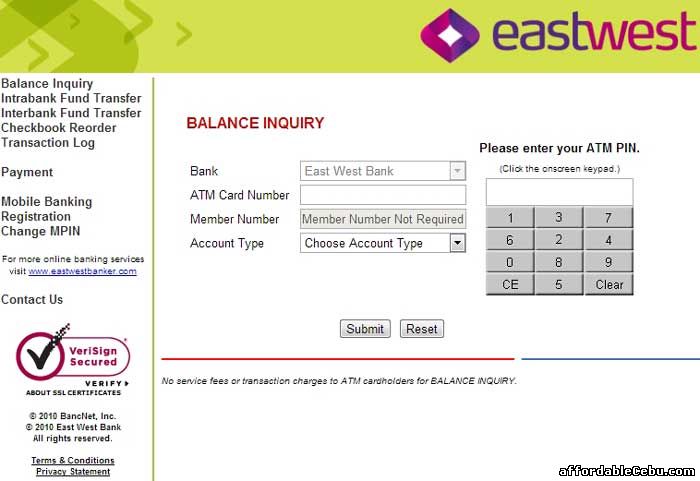 Eastwest Bank ATM Balance Inquiry Online