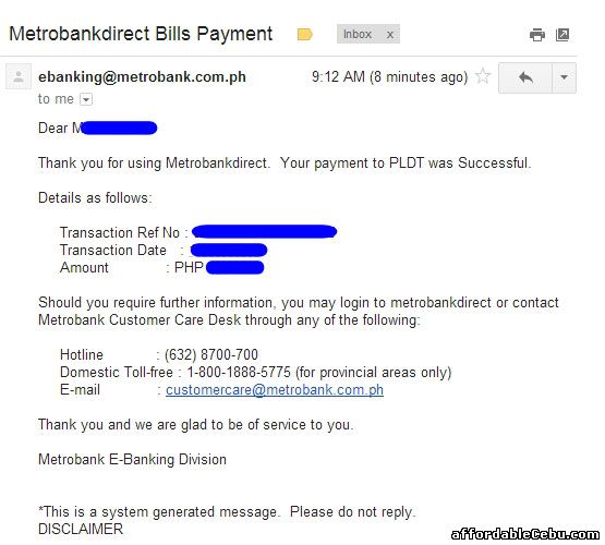 Email notification from Metrobank