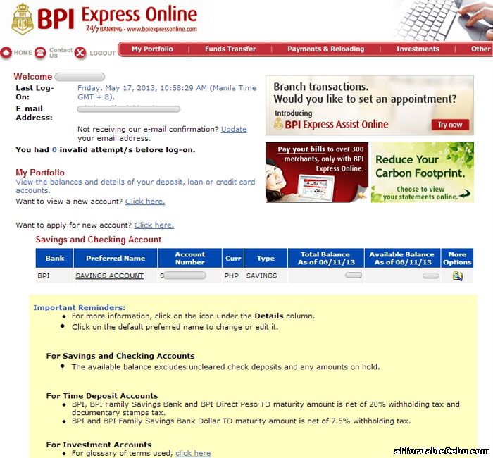 Inside BPI online banking website