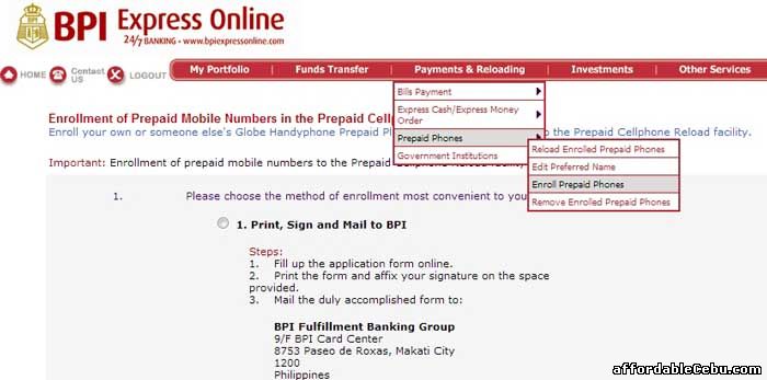 Load cellphone with BPI online banking