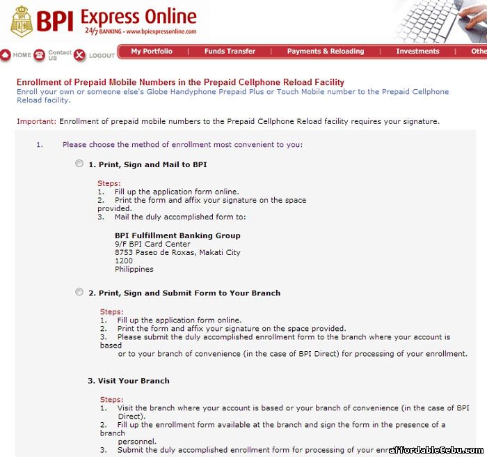 BPI online banking - load your phone