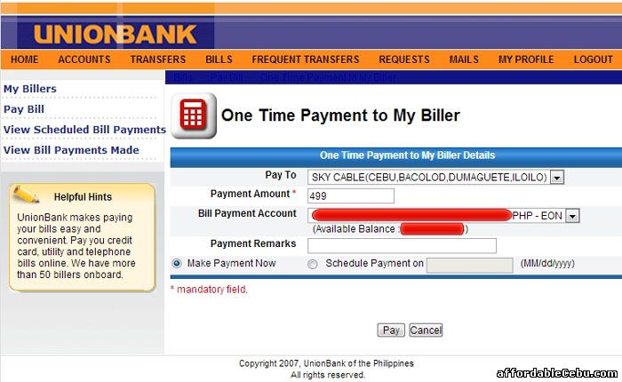 Online Payment to Sky Cable Broadband Bill