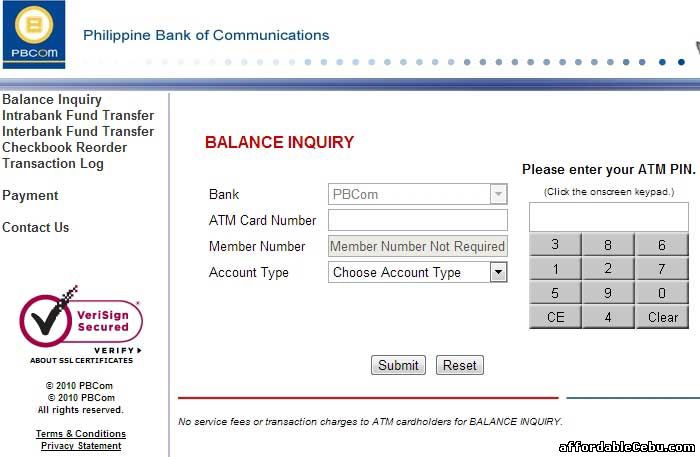 PBCom Bank ATM Balance Inquiry Online